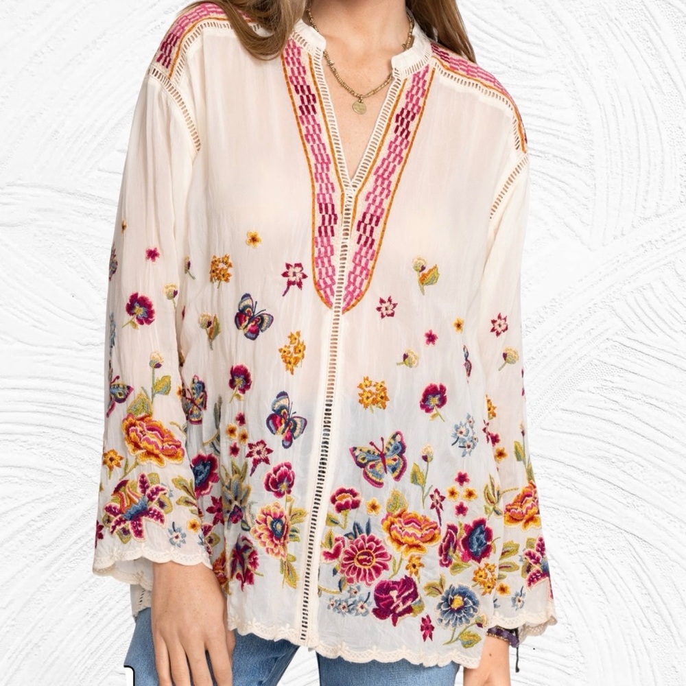 Johnny‎ Was Small Maude Blouse Cream Embroidered Tunic Floral Butterflies Boho